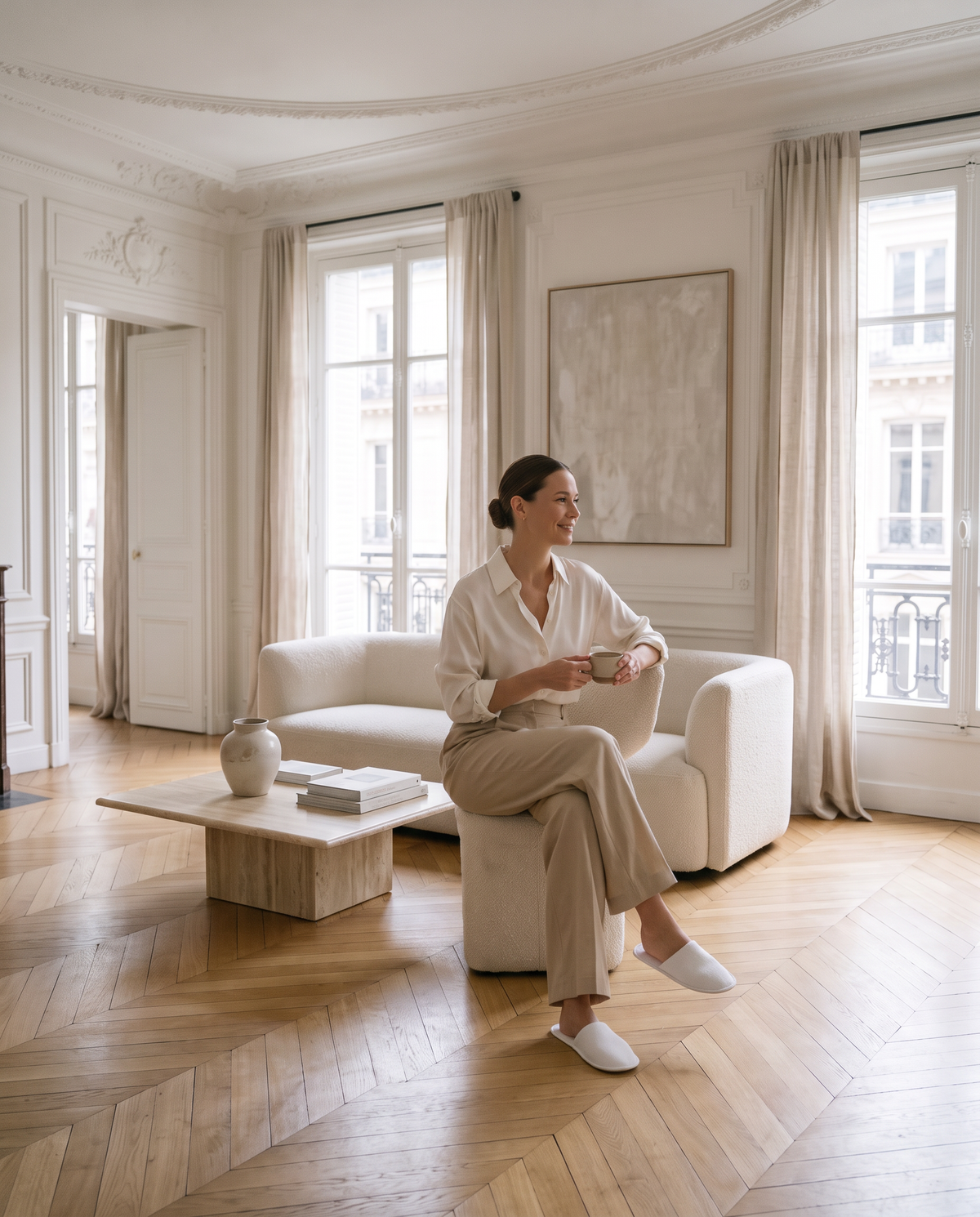Femme détendue en chaussons dans un appartement lumineux